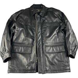 Members Only Mens Motorcycle Jacket Black L Genuine Leather Full Zip Long Sleeve